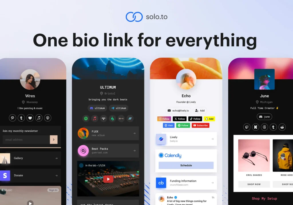 Examples of how freelancers, musicians, artists, coaches, influencers, and bloggers use Solo.to to boost their online presence