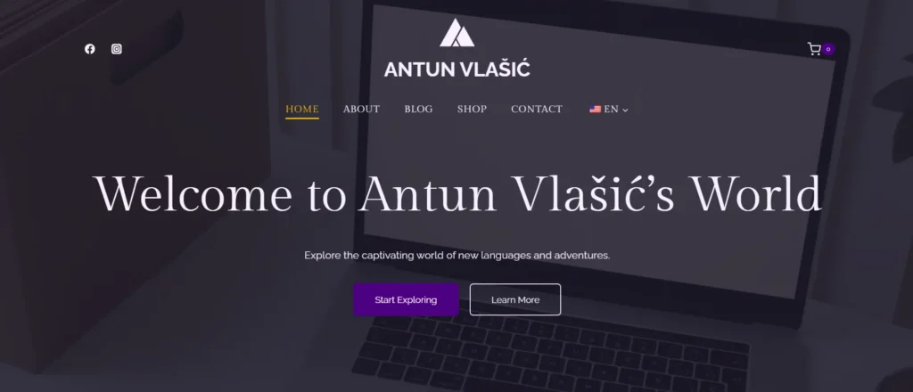 Header section of Antun Vlašić’s author website built by Filip – featured in “How I Helped Antun Launch His Author Website”