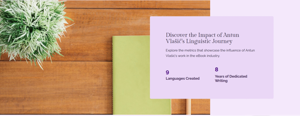 Homepage of Antun Vlašić’s author website – featured in “How I Helped Antun Launch His Author Website” – built as a platform for language enthusiasts and readers.