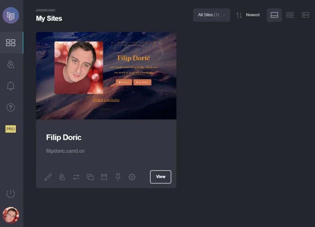 Carrd.co dashboard showing how to get started with link-in-bio tools