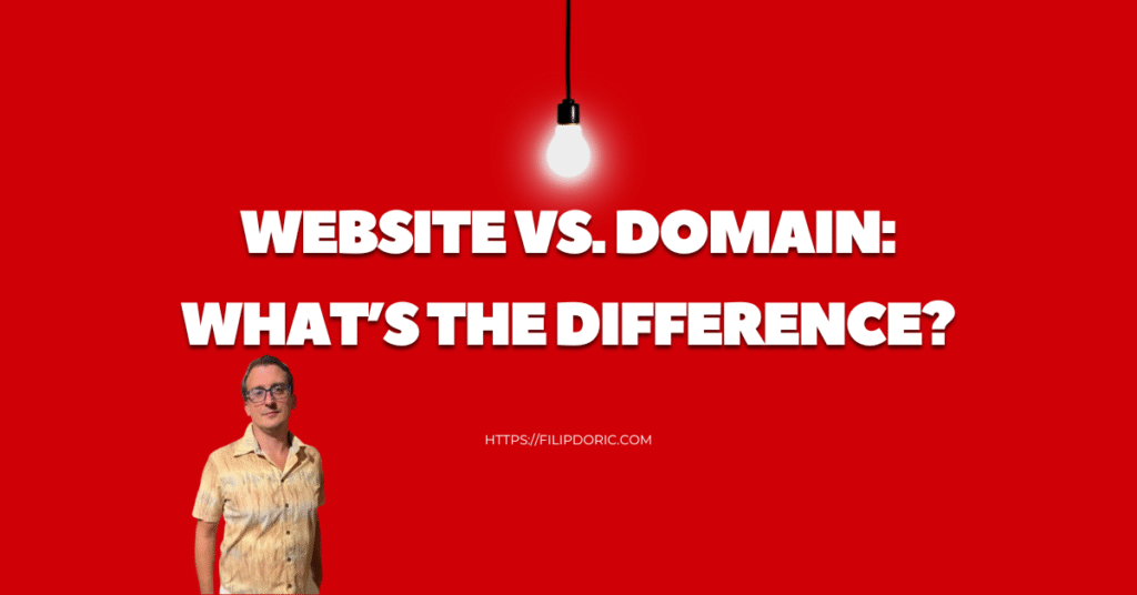 Illustration of domain name vs website with examples like filipdoric.com, showing what a domain, website, and domain extensions are for building online presence.