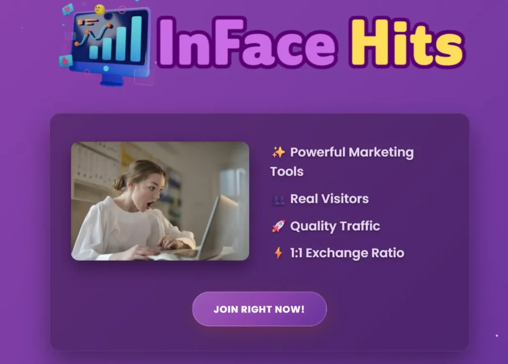 Lady discovering Inface Hits, a premium traffic exchange platform offering real visitors, quality traffic, and 1:1 exchange benefits.