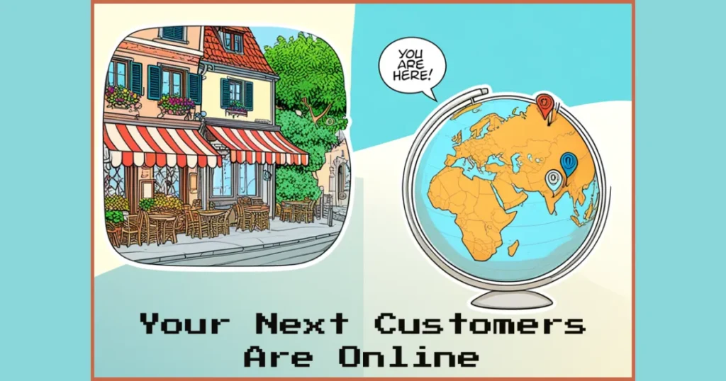 A split image of a local shop street and a world map with pins, showing the idea of building an online presence.