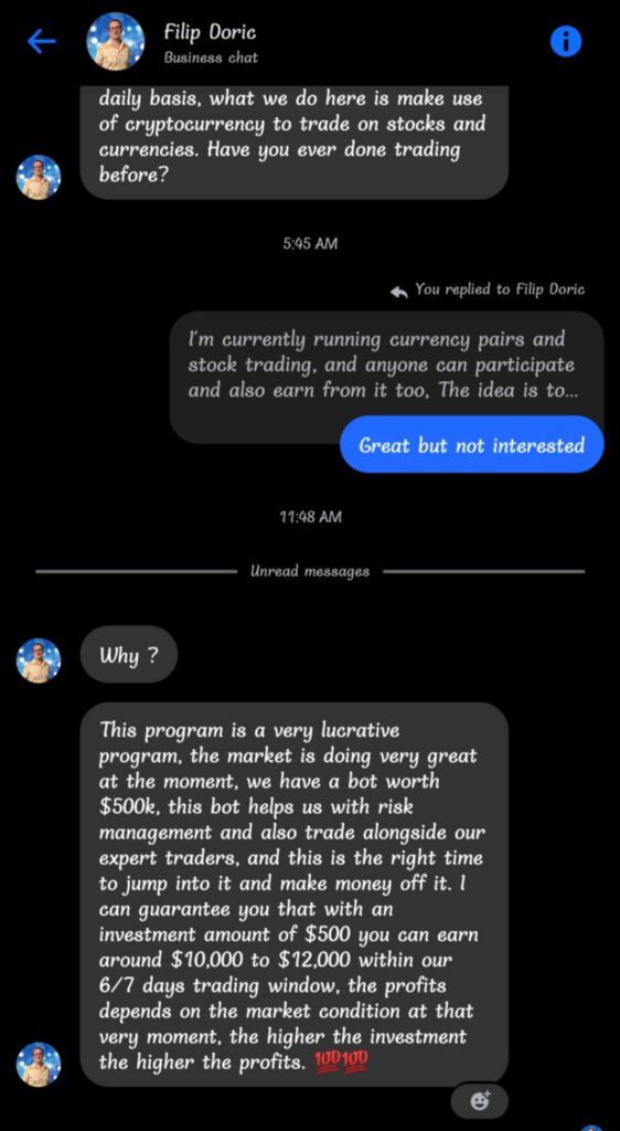 Example of a fake Facebook profile sending messages pretending to be me.