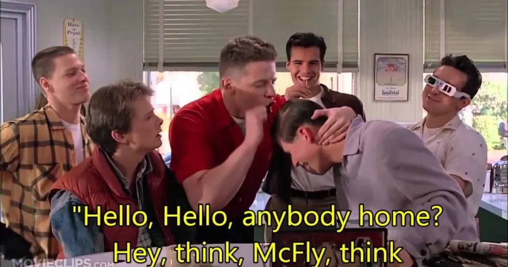 Scene from Back to the Future where Biff says “Think, McFly, think,” symbolizing clarity in online presence.
