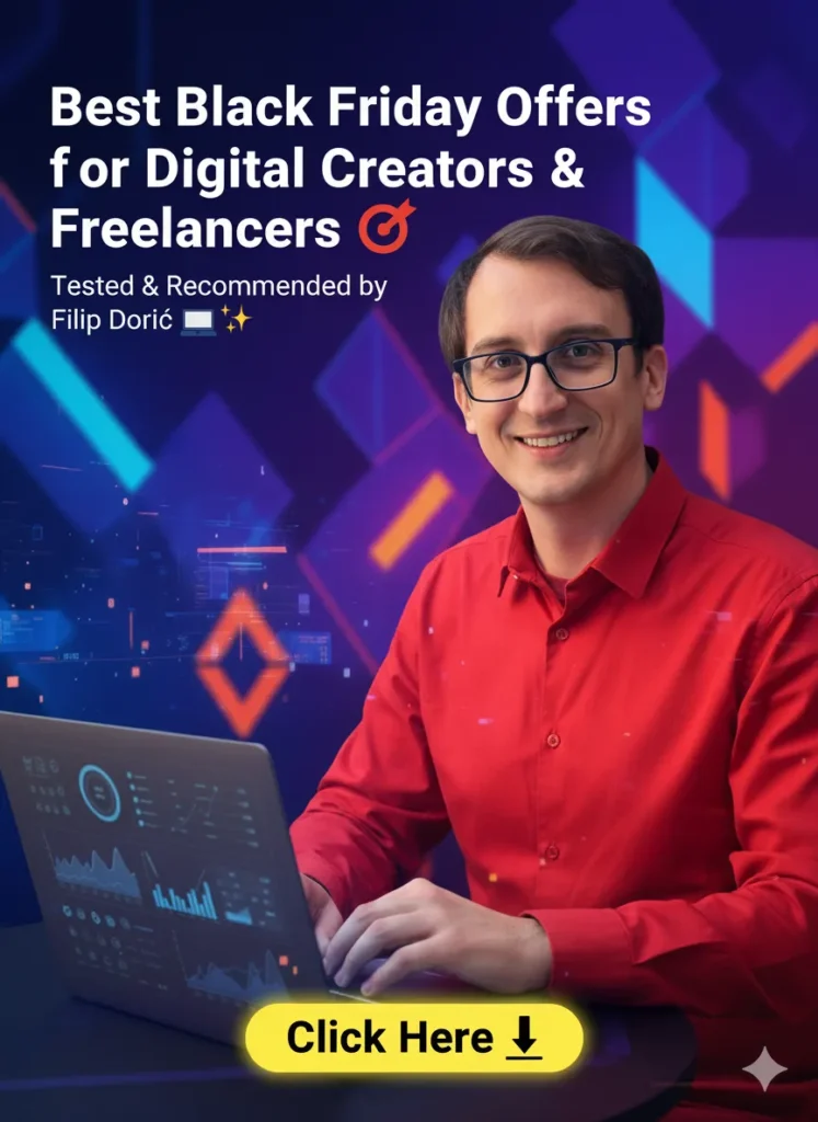 Filip Dorić sitting at a modern workspace with a laptop and coffee, surrounded by bright digital effects and the text “Black Friday for Freelancers: Buy Smart, Not Desperate 💡”. Vivid colors and energetic design create a confident, scroll-stopping look.