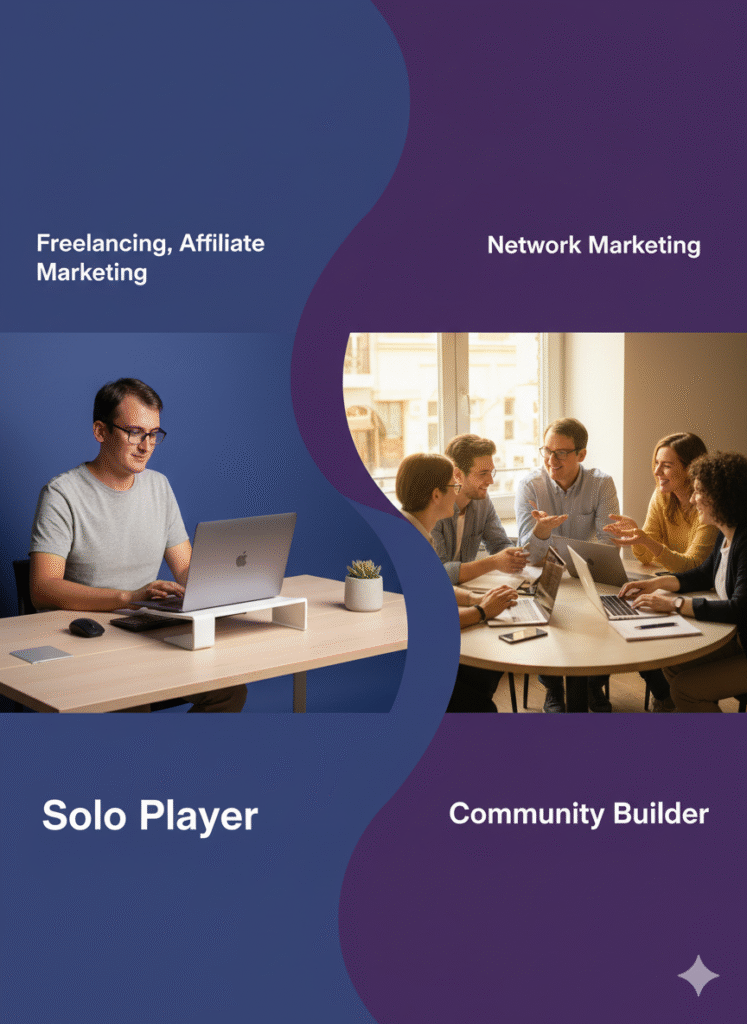 Filip Dorić shown in a split image representing two paths in digital business — on the left as a solo player focused on freelancing and affiliate marketing, and on the right as a community builder symbolizing network marketing.
