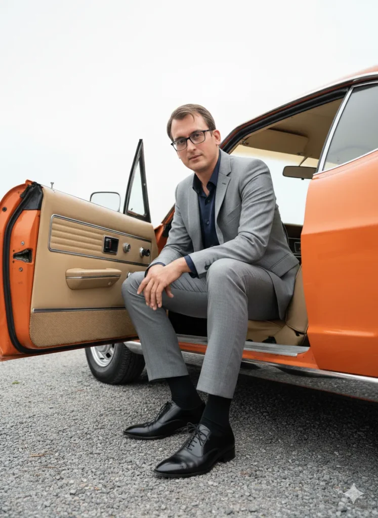 Filip Dorić wearing a grey suit and glasses, sitting confidently by the open door of an orange classic car, representing a professional who helps others find out what really works online.