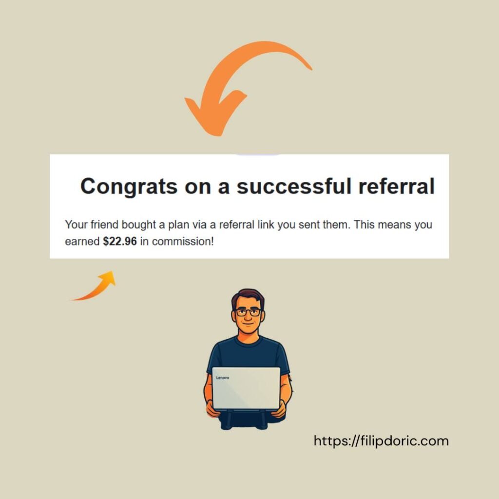 Filip Dorić cartoon character holding a laptop and showing example of earnings from referring a hosting plan — sharing small wins in the online world.