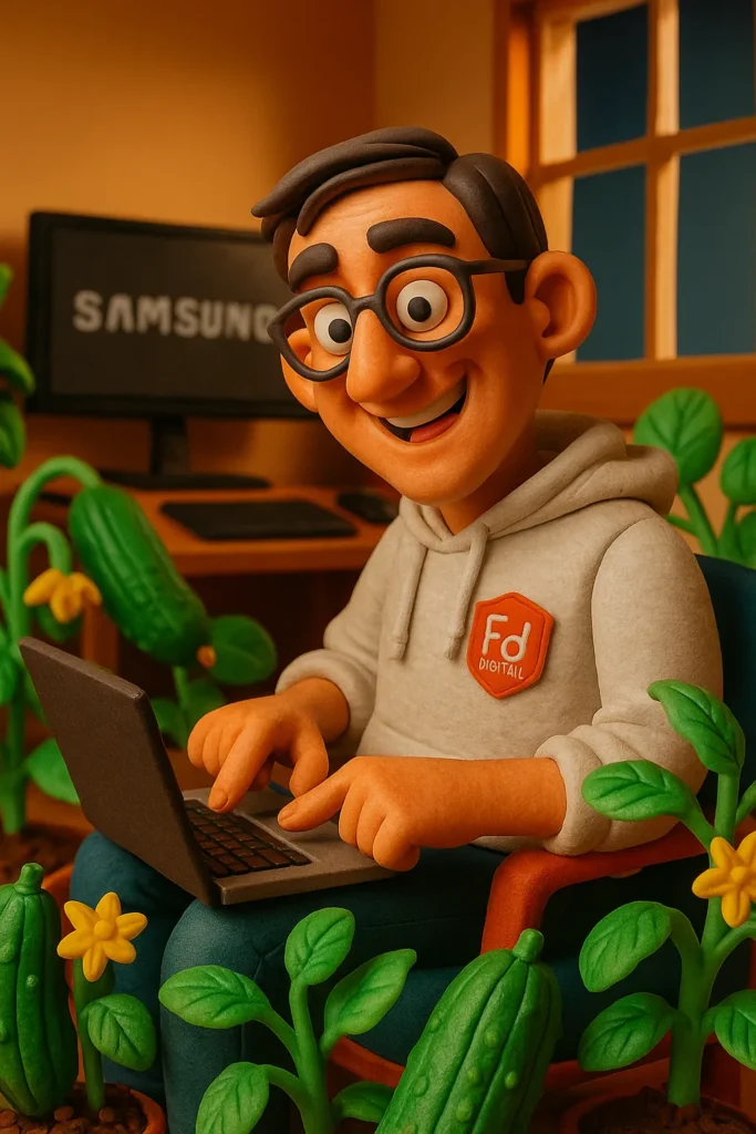 Filip working on organic marketing surrounded by healthy cucumber plants.