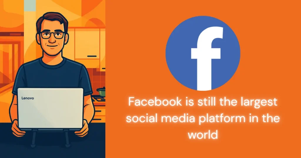 Facebook is still the largest social media in the world — Organic Marketing Blog Post by Filip Dorić Cartoon illustration of Filip on the left and Facebook logo on the right with the text “Facebook is still the largest social media in the world” below it.
