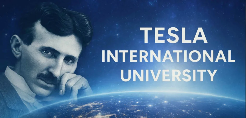 Illustration of Nikola Tesla with Planet Earth and Tesla International University logo