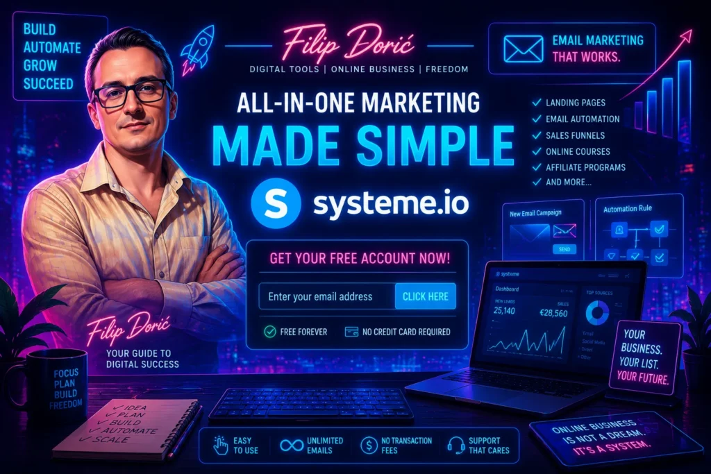 Filip Dorić presenting email marketing with Systeme.io, including email automation, landing pages, sales funnels, and online business tools.