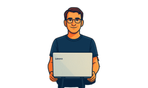 Cartoon illustration of Filip Dorić with a laptop, symbolizing building an online presence.