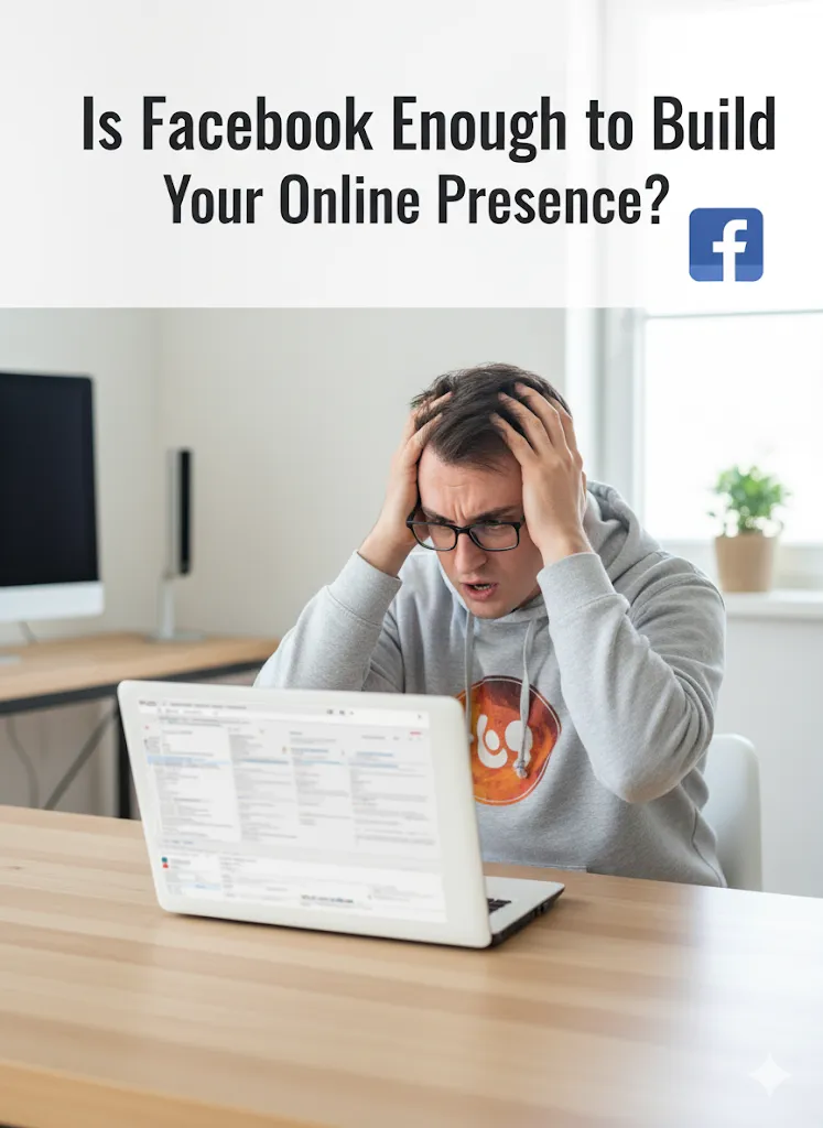 A frustrated man holding his head in front of a laptop with the text “Is Facebook Enough to Build Your Online Presence?” and the Facebook logo.