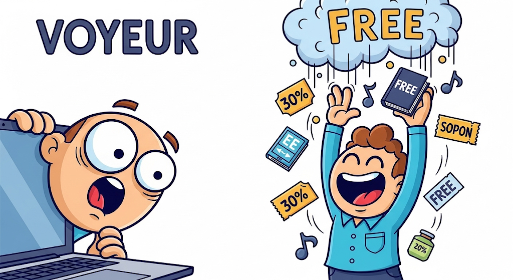 Funny cartoon illustration of voyeurs and freebie seekers online, with one character peeking through a laptop and another grabbing free items, used in Filip Doric’s blog post.