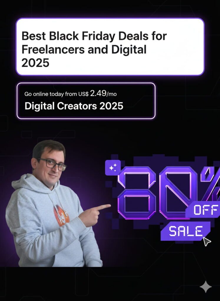 Young man smiling next to 80% Black Friday sale banner – best Black Friday deals for freelancers and digital creators.