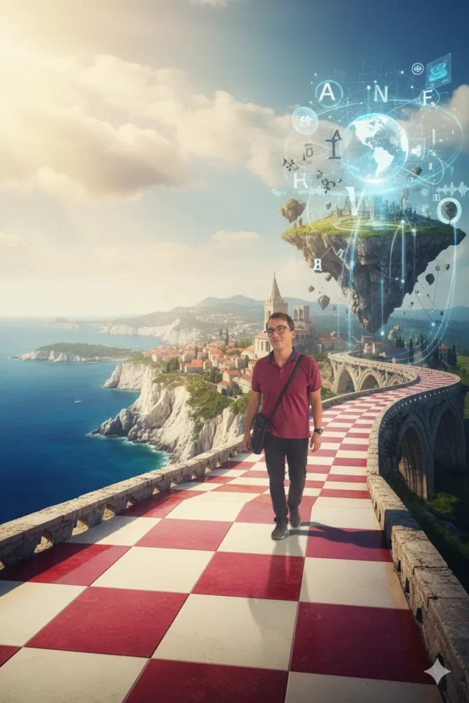 A man walks across a bridge connecting two worlds — on one side, the Croatian landscape with the red-and-white checkerboard pattern and the Adriatic coast, and on the other side, symbols of global communication like letters, a glowing globe, and digital networks. Inspirational light, cinematic atmosphere.