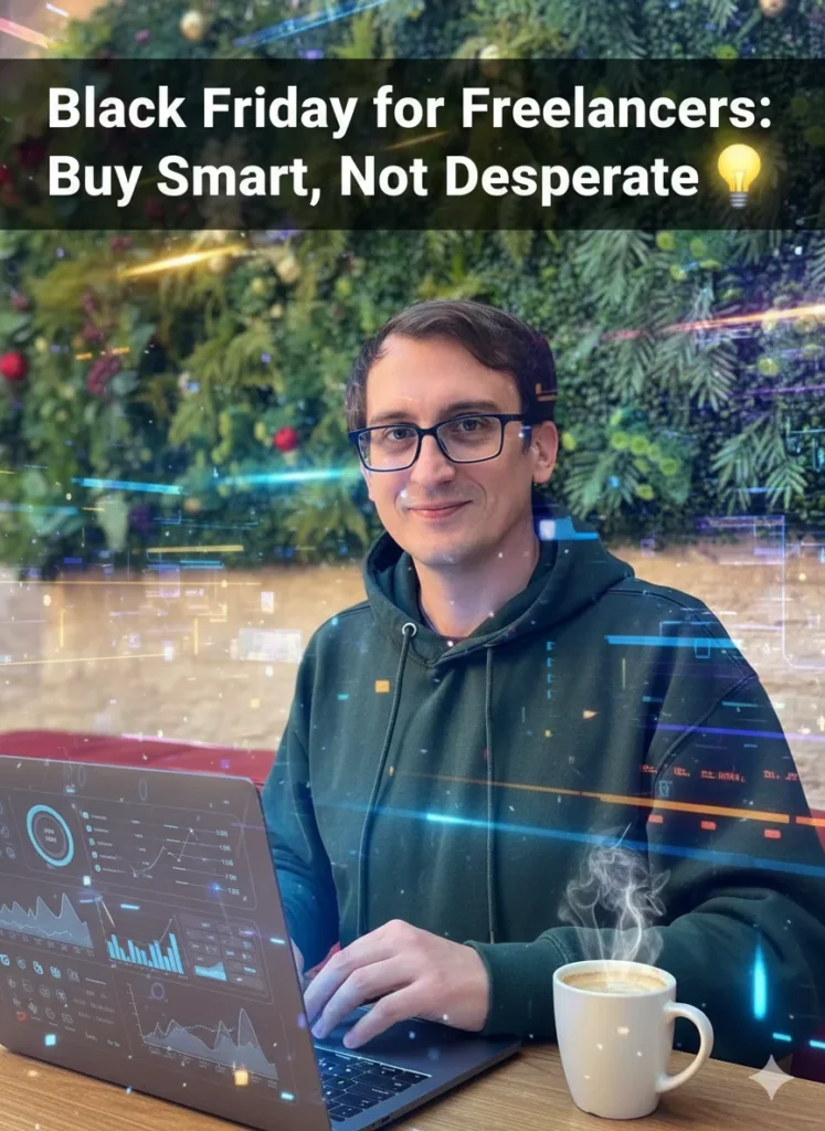 Filip Dorić sitting at a modern workspace with a laptop and coffee, surrounded by bright digital effects and the text “Black Friday for Freelancers: Buy Smart, Not Desperate 💡”. Vivid colors and energetic design create a confident, scroll-stopping look.