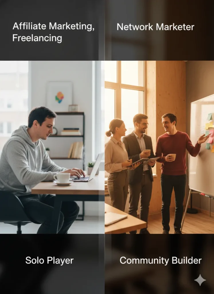 Split image showing two sides of digital work life — on the left, a man working alone on a laptop representing affiliate marketing and freelancing (solo player); on the right, the same man collaborating with a small group symbolizing network marketing and community building.