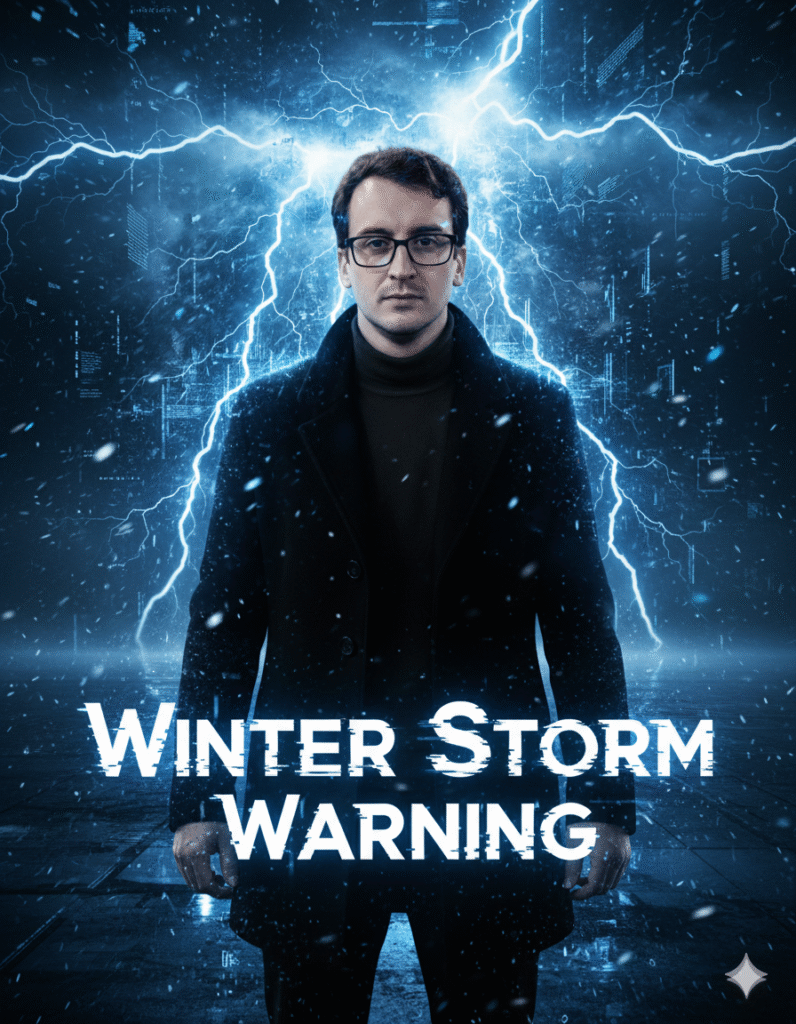 A man stands confidently in front of a glowing digital winter storm, surrounded by neon blue lightning and swirling data clouds, symbolizing a major shift coming in online business.