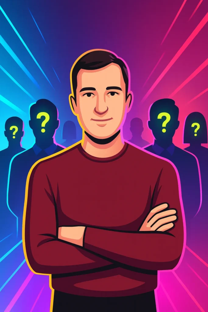 building a team “A confident man stands in the foreground with his arms crossed, surrounded by vivid neon blue and pink light streaks. Behind him are shadowed team silhouettes with glowing question marks instead of faces, symbolizing unknown future team members.