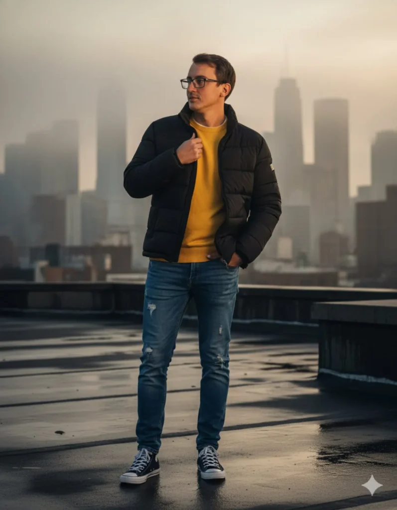 Filip Dorić wearing a yellow shirt and black jacket in an urban setting, introducing a new online business concept designed to transform the digital world.
