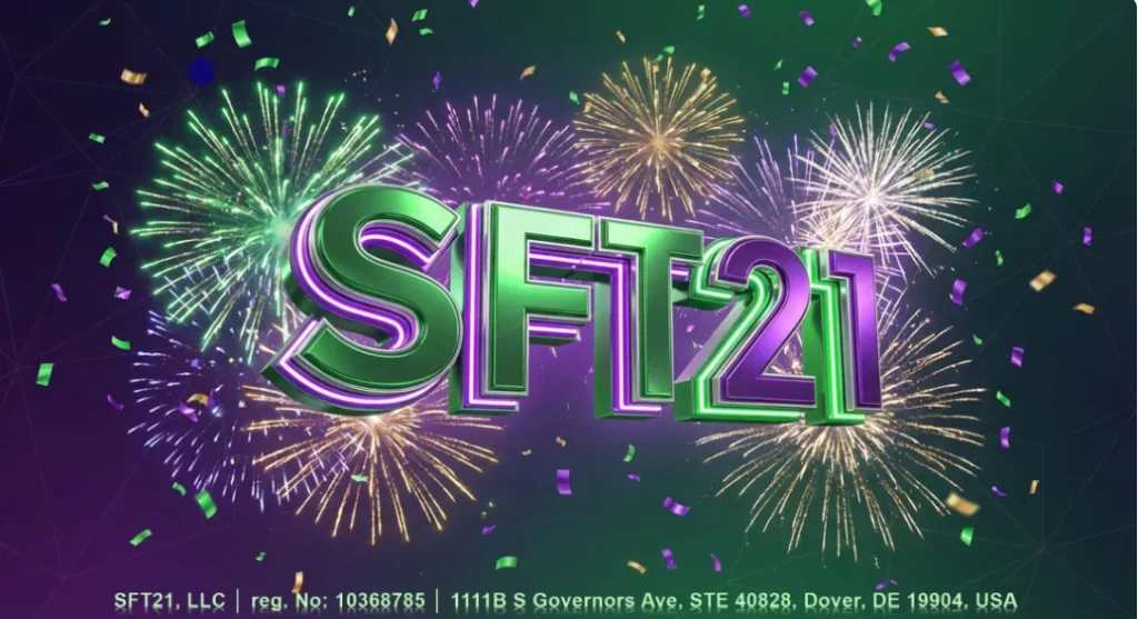 Colorful fireworks exploding behind the bold SFT21 logo, representing celebration and new sft21 updates.