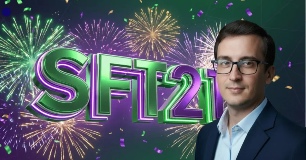 Colorful fireworks exploding behind the bold SFT21 logo, representing celebration and new sft21 updates.