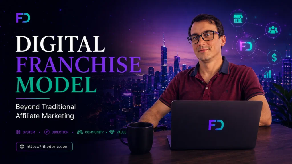 Filip Dorić presenting a digital franchise model that connects business systems, community, ecommerce, and online growth.
