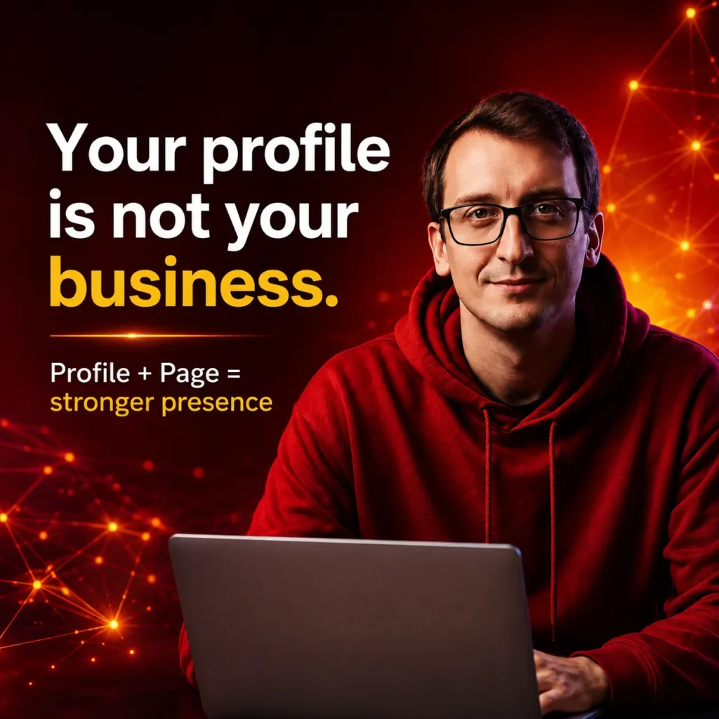 FB profile vs FB Page comparison with Filip Dorić at a laptop, explaining why your profile is not your business.
