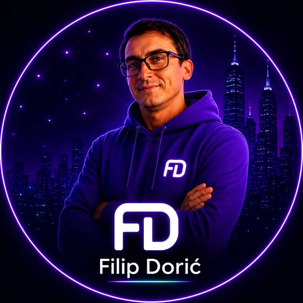 SFT21 digital franchise mentor Filip Dorić in a futuristic digital city setting with FD branding and purple neon design.