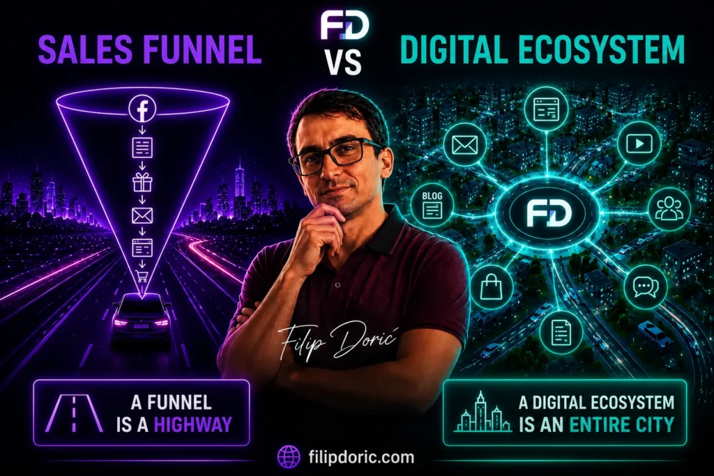 Digital Ecosystem vs Sales Funnel illustration comparing a linear sales funnel with a connected digital ecosystem, showing why a digital ecosystem is broader than a sales funnel.