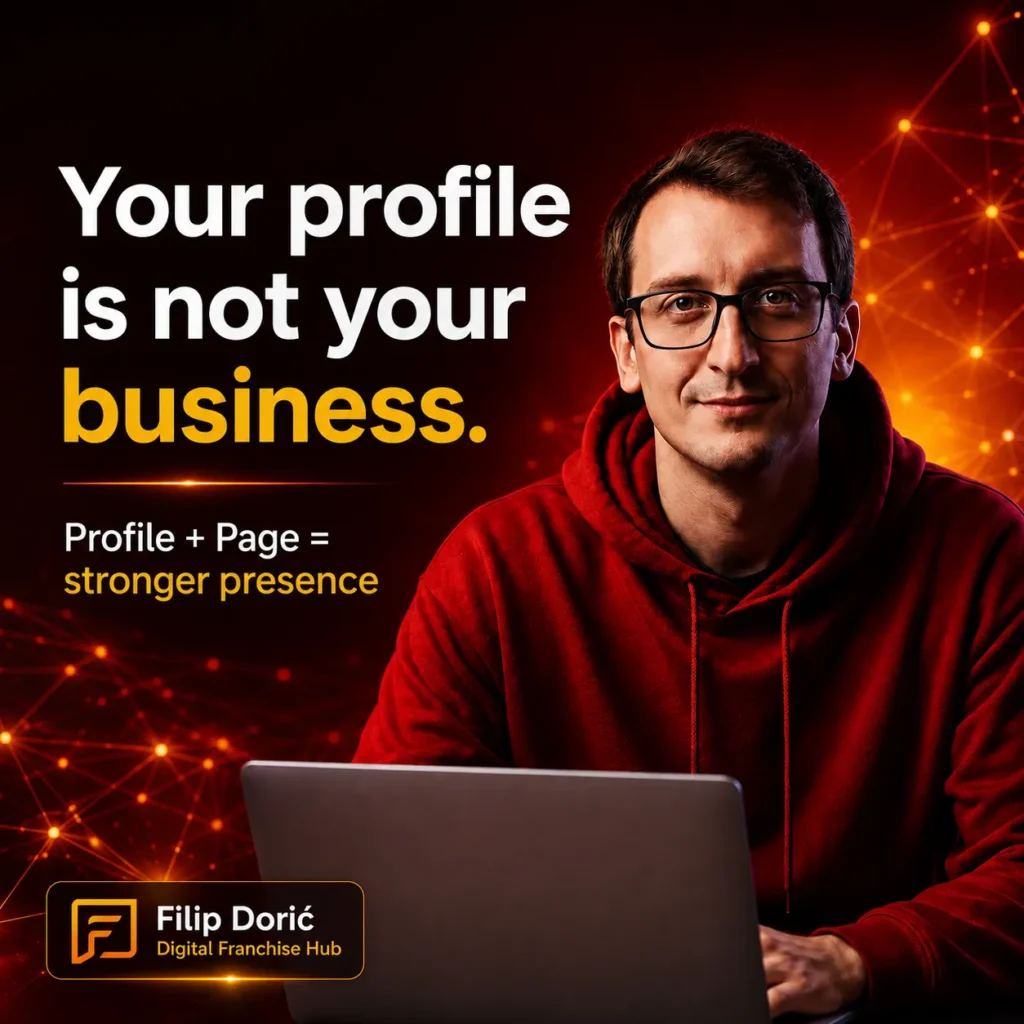 FB Profile vs FB Page – Your Profile Is Not Your Business FB profile vs FB Page comparison showing Filip Dorić at a laptop with the message Your profile is not your business.