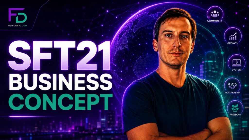 Filip Dorić presenting the SFT21 Business Concept in front of a connected digital ecosystem with community, growth, systems, partnership, and freedom icons.