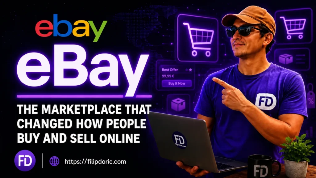 Filip Dorić pointing to the eBay logo beside a laptop and shopping icons, illustrating the eBay business model.