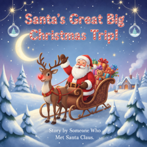 Santa Claus and Rudolph in a sleigh in a snowy North Pole scene on the cover of Santa's Great Big Christmas Trip!