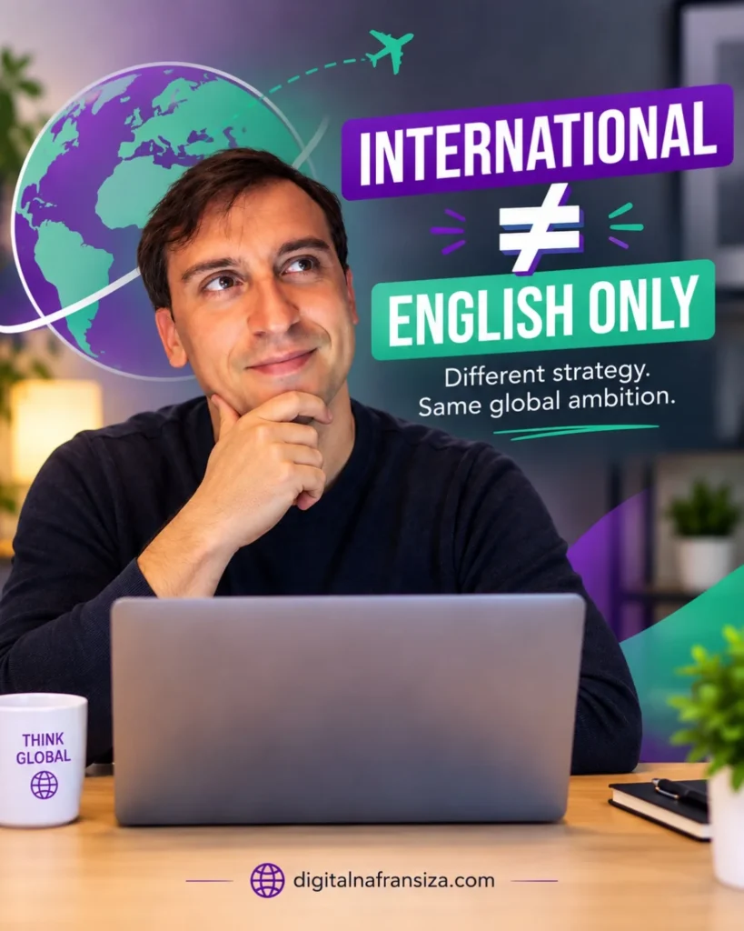 International business localization visual showing a global business concept with the message “International ≠ English Only.”