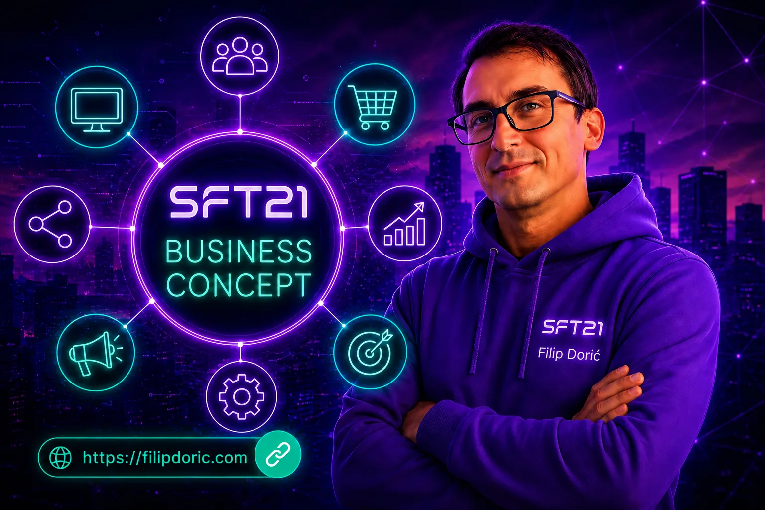 Filip Dorić beside an illustration of the SFT21 Business Concept
