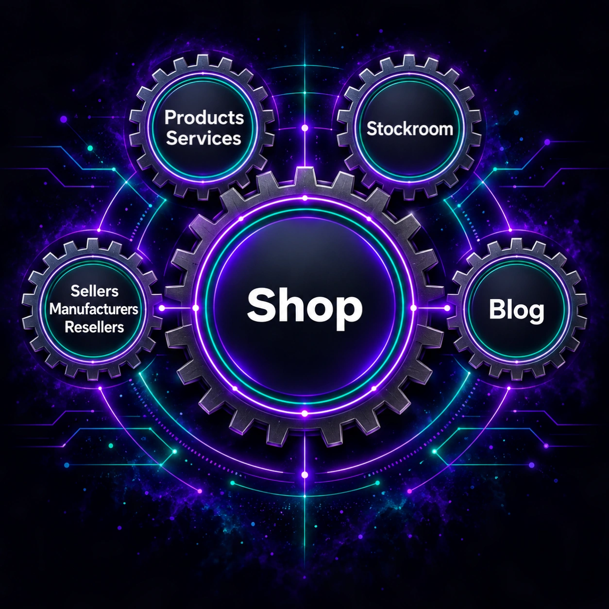 Shop concept with products and services, stockroom, sellers, manufacturers, resellers and blog gears