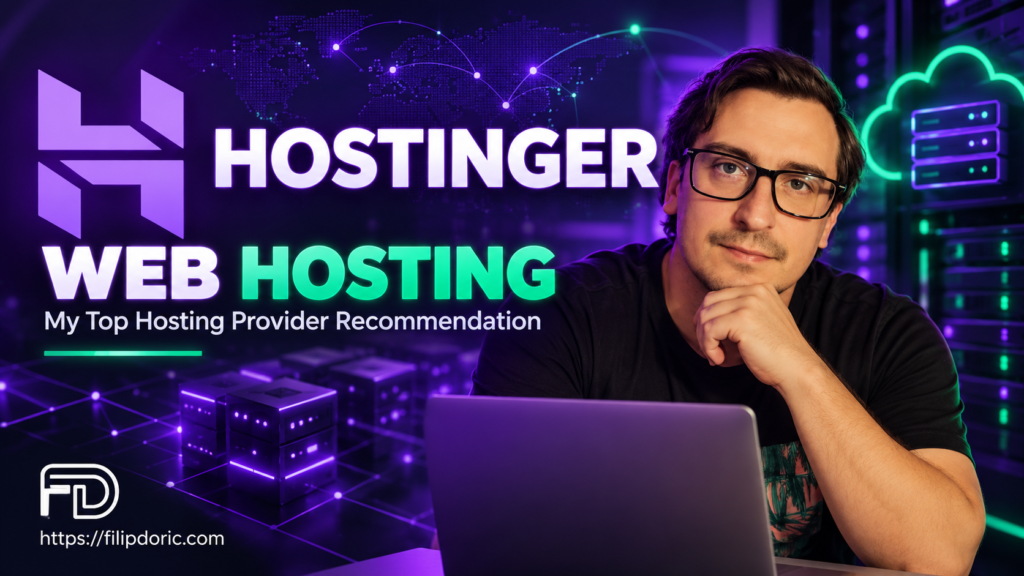 Hostinger web hosting featured image with Filip Dorić at a laptop, neon server visuals, and a top hosting provider recommendation.