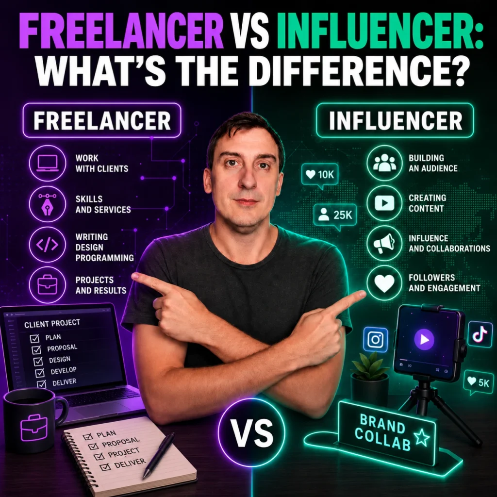 Freelancer vs influencer comparison showing freelance skills, client projects, content creation, audience building, engagement, and brand collaborations.
