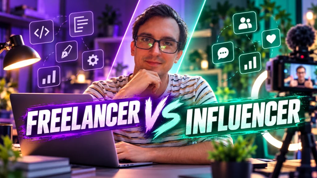 Freelancer vs influencer featured image showing Filip Dorić between freelance work and content creation, with a laptop and social media setup.