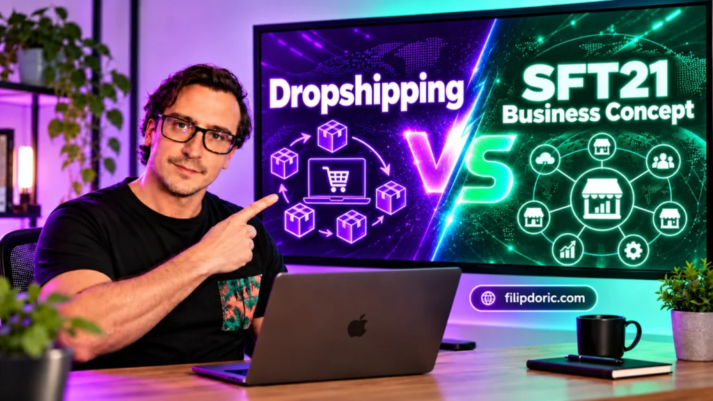 Dropshipping vs SFT21 Business Concept featured image comparing a traditional dropshipping store with the connected SFT21 ecommerce and digital business ecosystem.